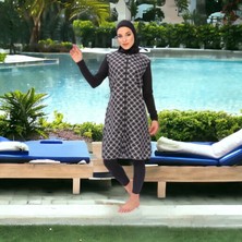 Shopiolog Uzun Mikro Kollu Geometrik Desenli Modelli Tam Tesettür Mayo