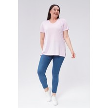 Sea Moda Büyük Beden V Yaka Yırtmaçlı Pamuk Basic Tshirt-Lila