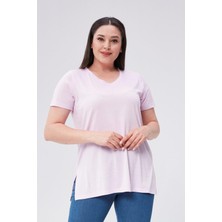 Sea Moda Büyük Beden V Yaka Yırtmaçlı Pamuk Basic Tshirt-Lila