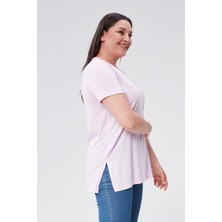 Sea Moda Büyük Beden V Yaka Yırtmaçlı Pamuk Basic Tshirt-Lila