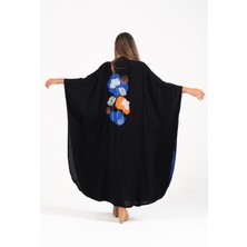 Markano Saks Mavi Siyah Garnili Sırtı Gelincik Nakışlı Cepli Oversize Uzun Elbise