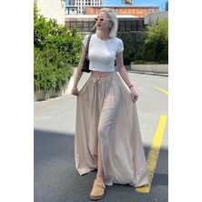 Madmext Bej Beli Lastikli Yırtmaçlı Uzun Kadın Etek Mg2062