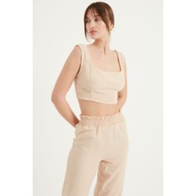 Yoncaekspres Kalın Askılı Keten Crop Bluz