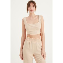 Yoncaekspres Kalın Askılı Keten Crop Bluz