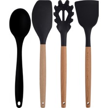 Kitchen Design Lab Siyah Bambu Silikon Set - Kepçe, Kaşık, Kevgir, Makarna, Açılı - Düz Spatula, Silikon Kaşık 7 li Set