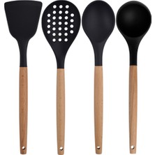 Kitchen Design Lab Siyah Bambu Silikon Set - Kepçe, Kaşık, Kevgir, Makarna, Açılı - Düz Spatula, Silikon Kaşık 7 li Set