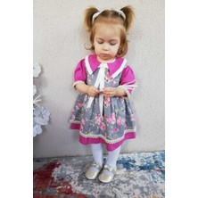Bertuğ Bebek Kurdele ve Dantel Detaylı Çiçek Desenli Menekşe Renk Kız Çocuk Bebek Elbise