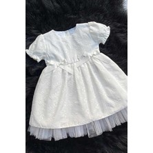 Bertuğ Bebek Kurdele Detaylı Tül Astarlı Beyaz Fisto Abiye Tasarım Kız Çocuk Bebek Elbise