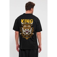 All Wear Style King Tiger Baskılı Oversize Kesim Siyah Tshirt