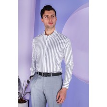Paco Romano Erkek Slim Fit Uzun Kol Arkası Pensli 6 Drop Beyaz Siyah Çizgili Gömlek