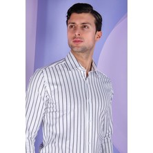 Paco Romano Erkek Slim Fit Uzun Kol Arkası Pensli 6 Drop Beyaz Siyah Çizgili Gömlek