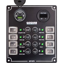 Goldsea Switch Panel 8 Anahtar Usb 3.0 Type-C + Voltmetre Soketli Kontrol Paneli 148X170MM 12-24V