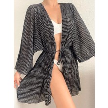 Pink Life Siyah Tül Üzeri Golf Baskılı Likralı Kimono Tarzı Pareo