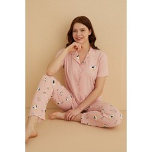 Farya Home Dreamy Ipeksi Kaşkorse Martı Desenli Kısa Kollu Gömlek Pijama Takımı