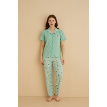 Farya Home Dreamy Ipeksi Kaşkorse Martı Desenli Kısa Kollu Gömlek Pijama Takımı