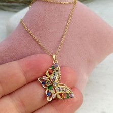 Rahshine Kelebek Figürlü Zarif Çelik Kolye | Renkli Zirkon Taşlı | Altın | 45 cm
