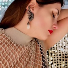 Rahshine Özel Tasarım Kristal Taşlı Incili Bronz Küpe | Kanat Figürlü