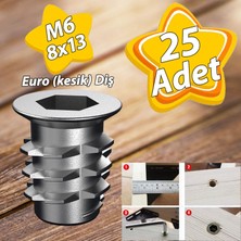 Glaswen Metal Euro Dişli Dübel Ahşap Dübeli M6 8X13 Diş Çinko Mobilya Bağlantı Ünite Birleştirme (25 Adet)