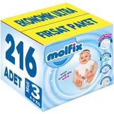 Molfix Bebek Bezi Beden:3 (4-9kg) Midi 216 Adet Ekonomik Ultra Fırsat Pk