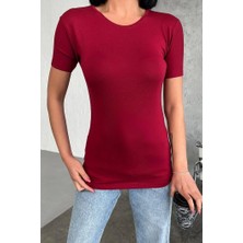 Lisinya Rahat ve Şık Kısa Kollu Bisiklet Yaka Likralı Viskon Penye Body Bordo ( Lisinya )