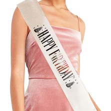 Çerçici Beyaz Üzeri Gümüş Büyük Happy Birthday Yazılı Simli Işıltılı Kuşak Kemer 10 cm Genişlik