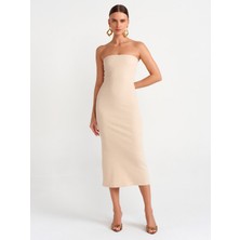 Dilvin 91127 Straplez Midi Elbise-Bej Melanj