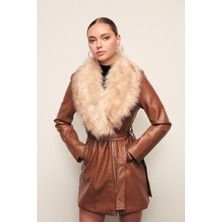 Sateen Kürk Detaylı Deri Ceket - Kahve