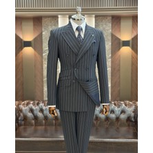 Terzi Adem Altun İtalyan stil slim fit çizgili kruvaze ceket pantolon takım elbise lacivert T11938