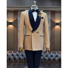 Terzi Adem Altun İtalyan stil slim fit şal yaka kruvaze ceket pantolon damatlık set vizon T12025