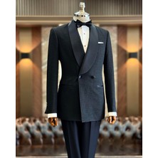 Terzi Adem Altun İtalyan stil slim fit şal yaka kruvaze ceket pantolon damatlık set siyah T12029