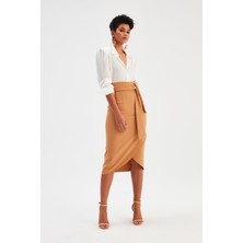Sateen Kuşaklı Kalem Etek - Camel