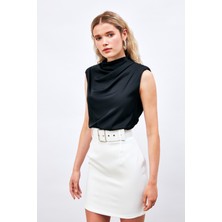 Sateen Kemerli Mini Boy Etek - Ekru