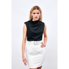 Sateen Kemerli Mini Boy Etek - Ekru