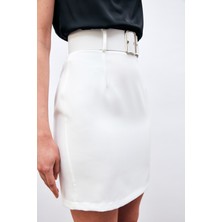 Sateen Kemerli Mini Boy Etek - Ekru