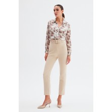 Sateen Yüksek Bel Kemerli Pantolon - Bej