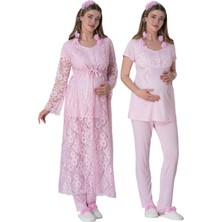 Şık Mecit Pembe Dantel Sabahlıklı Hamie Lohusa Pijama Takımı