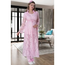 Şık Mecit Pembe Dantel Sabahlıklı Hamie Lohusa Pijama Takımı