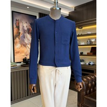 Terzi Adem Altun italyan stil slim fit erkek yakasız gömlek lacivert T11873