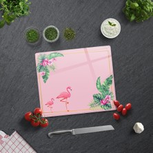 Decorita Tropik Yapraklar & Flamingo | Cam Kesme Tahtası - Cam Kesme Tablası | 29cm x 34cm