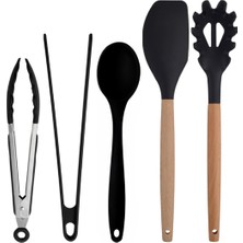 Kitchen Design Lab Siyah Bambu Silikon Set - Kepçe, Kaşık, Kevgir, Makarna,  Açılı - Düz Spatula, Metal - Silikon Maşa, Silikon Kaşık 9 lu Set