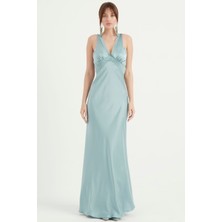 Yoncaekspres Dantelli Uzun Saten Elbise