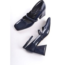 Modabuymus Kulia Lacivert Rugan Mary Jane Kalın Topuklu Küt Burun Bantlı Ayakkabı