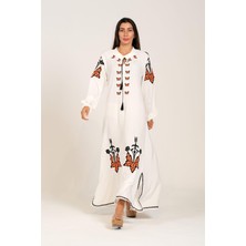 Keyifli Moda Kadın Beyaz Sıfır Yaka Balon Kollu Otantik Nakışlı Uzun Elbise