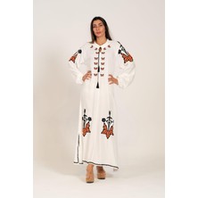 Keyifli Moda Kadın Beyaz Sıfır Yaka Balon Kollu Otantik Nakışlı Uzun Elbise