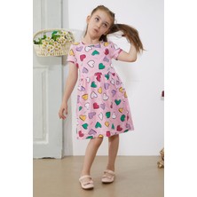 Cansın Mini Pembe Kalp Baskılı Kısa Kollu Kız Çocuk Elbise 18779