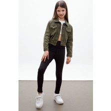 Cansın Mini Haki Düğmeli Beli Büzgülü Kız Çocuk Jean Ceket 18314