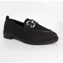 Gdt Ayakkabı Siyah Renk Triko Kalın Taban Taşlı Kadın Loafer Ayakkabı