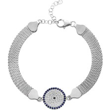 Gümüş Hediye Al Hasır Zincirli Beyaz-Lacivert Zirkon Taşlı 925 Ayar Gümüş Kadın Bileklik