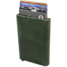 Gümüş Hediye Al Modern Tasarım Tamamı El Dikişi Yeşil Crazy Deriden Mekanizmalı Kişiye Özel Isim/harf Yazılı Kartlık-Cüzdan