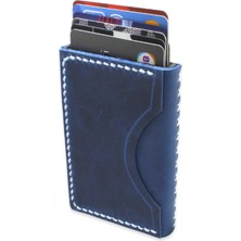 Gümüş Hediye Al Minimal Tasarım Tamamı El Dikişi Mavi Crazy Deriden Mekanizmalı Kişiye Özel Isim/harf Yazılı Kartlık-Cüzdan